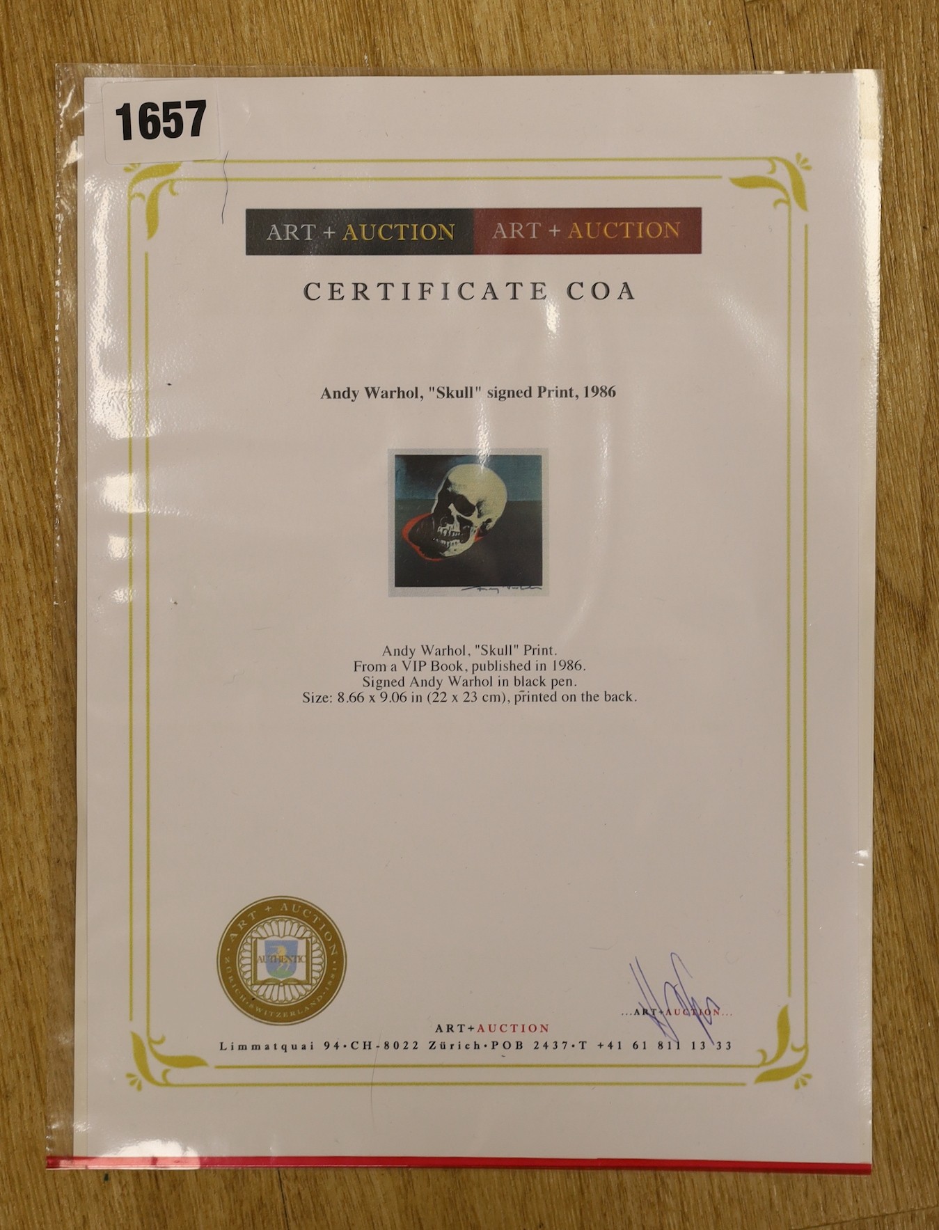 Andy Warhol (1928-1987), signed print, 'Skull' from a VIP Book, published 1986, 21 x 22cm, with COA
